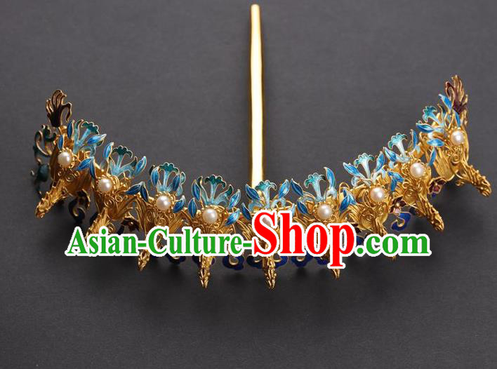 Traditional China Handmade Hair Ornament Ancient Empress Pearls Hairpin Qing Dynasty Palace Cloisonne Phoenix Hair Crown