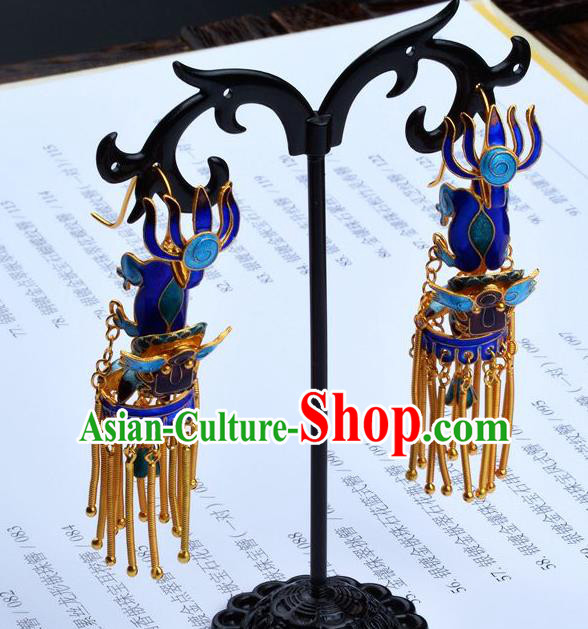 Handmade Chinese Ancient Empress Cloisonne Jewelry Traditional Qing Dynasty Court Kylin Earrings Accessories