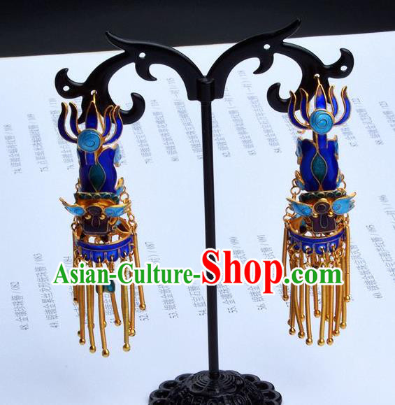 Handmade Chinese Ancient Empress Cloisonne Jewelry Traditional Qing Dynasty Court Kylin Earrings Accessories