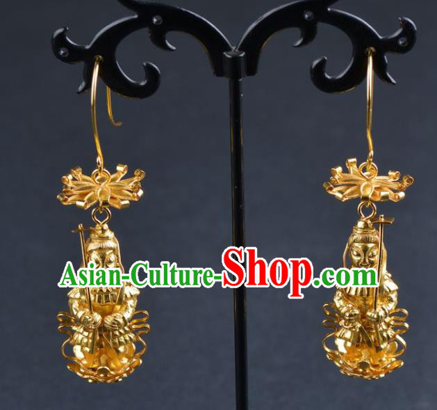 Handmade Chinese Ancient Empress Ear Jewelry Traditional Ming Dynasty Court Golden Earrings Accessories