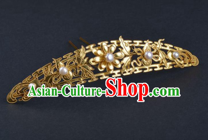 China Ancient Hanfu Golden Hairpin Traditional Qing Dynasty Princess Hair Crown Handmade Hair Jewelry