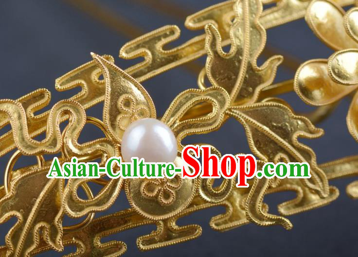 China Ancient Hanfu Golden Hairpin Traditional Qing Dynasty Princess Hair Crown Handmade Hair Jewelry