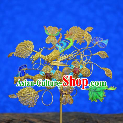Traditional China Ancient Empress Filigree Golden Hair Stick Handmade Hair Ornament Qing Dynasty Palace Ruby Hairpin