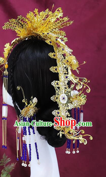 Traditional China Wedding Phoenix Coronet Ancient Empress Golden Hair Crown Handmade Hair Ornament