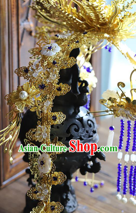 Traditional China Wedding Phoenix Coronet Ancient Empress Golden Hair Crown Handmade Hair Ornament