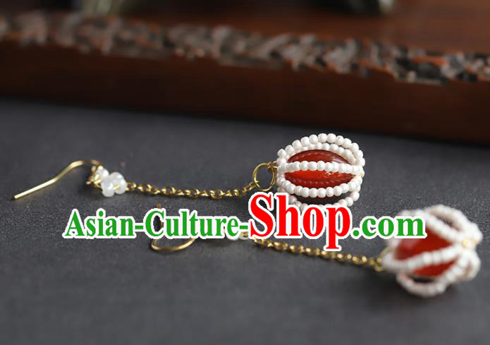 Handmade Chinese Traditional Wedding Red Agate Ear Accessories Ancient Empress Beads Earrings