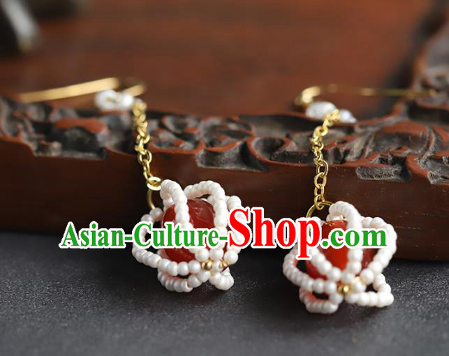 Handmade Chinese Traditional Wedding Red Agate Ear Accessories Ancient Empress Beads Earrings