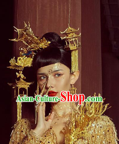 Traditional China Wedding Deluxe Phoenix Coronet Ancient Empress Golden Hair Crown Handmade Hair Ornament Full Set