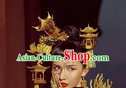 Traditional China Wedding Deluxe Phoenix Coronet Ancient Empress Golden Hair Crown Handmade Hair Ornament Full Set