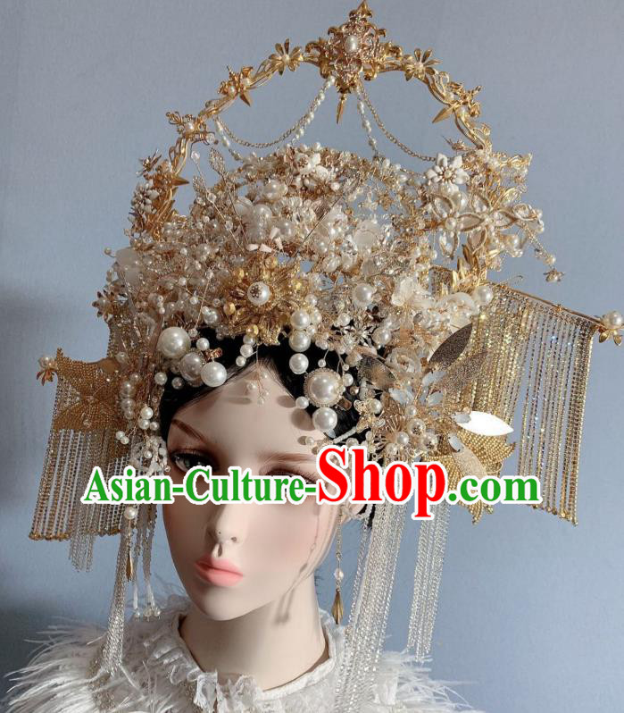 Top Grade Court Queen Phoenix Coronet Wedding Hair Ornament Handmade Golden Tassel Hair Crown