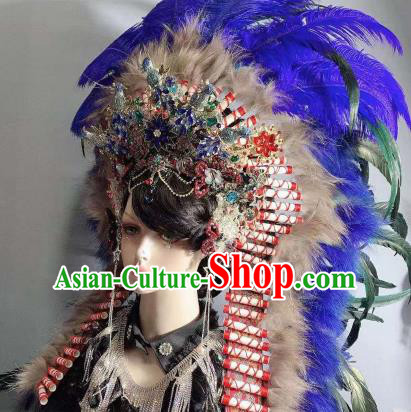 Top Court Handmade Indian Chief Royalblue Feather Hat Halloween Stage Show Hair Ornament Baroque Deluxe Headdress