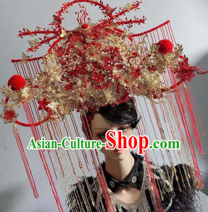 Handmade Chinese Ancient Empress Headwear Traditional Wedding Hair Accessories Red Tassel Phoenix Coronet