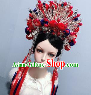 Handmade Chinese Traditional Wedding Hair Accessories Ancient Empress Headwear Hair Crown Red Tassel Phoenix Coronet