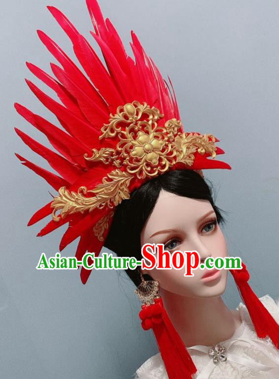 Handmade Stage Show Red Feather Hair Crown Phoenix Coronet Chinese Traditional Wedding Hair Accessories Ancient Empress Headwear