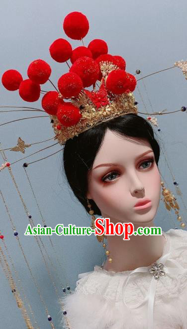 Handmade Chinese Traditional Phoenix Coronet Hair Accessories Ancient Bride Headwear Wedding Red Bubble Hair Crown
