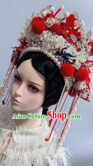 Handmade Chinese Wedding White Beads Flowers Hair Crown Ancient Empress Phoenix Coronet Traditional Hair Accessories