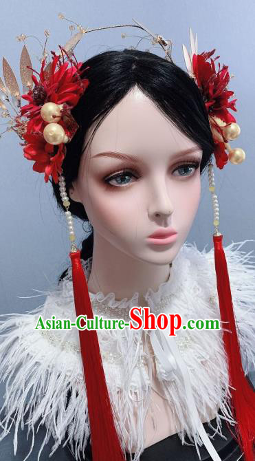 Chinese Hanfu Silk Flower Hair Sticks Traditional Court Hair Accessories Ancient Empress Red Tassel Hairpins