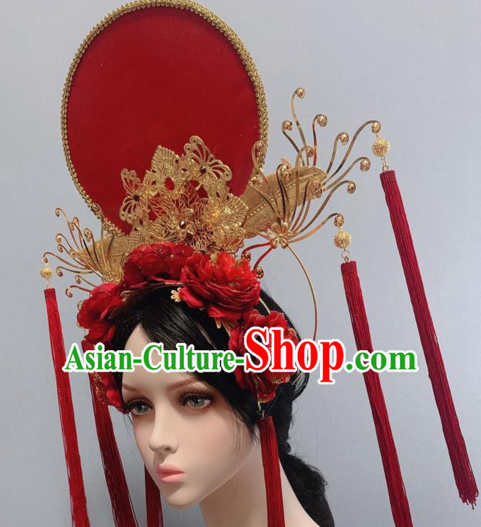 Handmade Chinese Bride Red Moon Phoenix Coronet Traditional Wedding Hair Accessories Red Rose Tassel Hair Crown