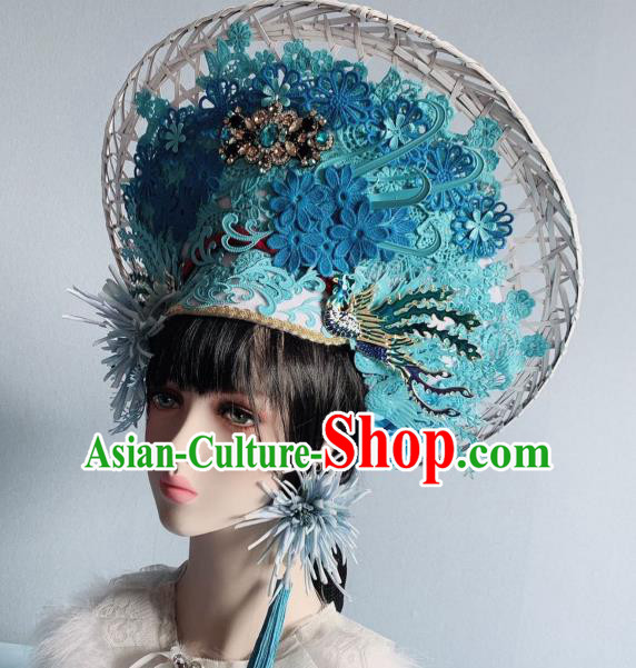 Handmade Chinese Traditional Wedding Hair Accessories Stage Performance Hat Bride Blue Flowers Phoenix Coronet