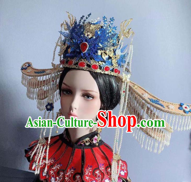 China Song Dynasty Empress Blue Phoenix Coronet Traditional Drama Ancient Court Queen Hair Accessories Full Set