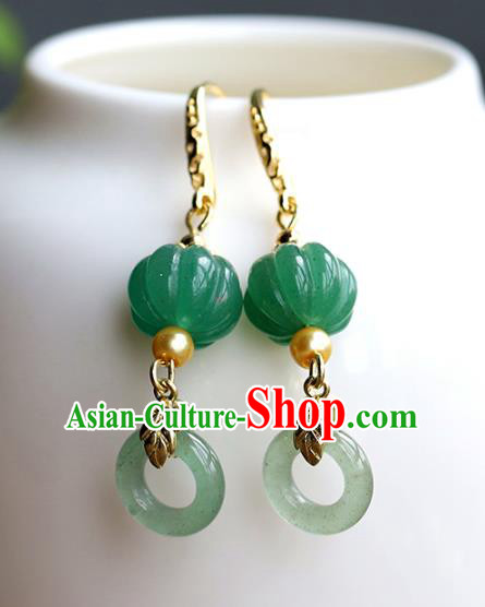 Handmade Chinese Traditional Wedding Jade Pumpkin Ear Accessories Ancient Qing Dynasty Earrings Jewelry