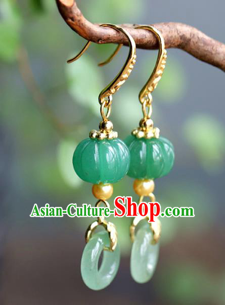 Handmade Chinese Traditional Wedding Jade Pumpkin Ear Accessories Ancient Qing Dynasty Earrings Jewelry