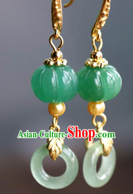 Handmade Chinese Traditional Wedding Jade Pumpkin Ear Accessories Ancient Qing Dynasty Earrings Jewelry