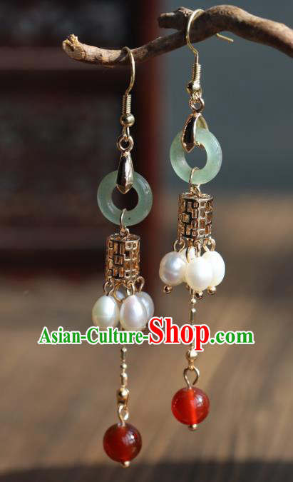 Handmade Chinese Ancient Bride Aventurine Earrings Jewelry Traditional Wedding Golden Ear Accessories