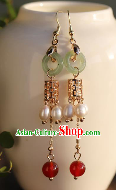 Handmade Chinese Ancient Bride Aventurine Earrings Jewelry Traditional Wedding Golden Ear Accessories