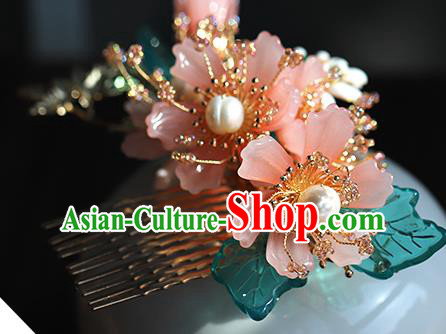 Chinese Wedding Hair Accessories Ancient Bride Hairpin Traditional Hanfu Pink Flowers Hair Comb