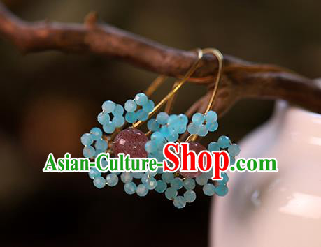 Handmade Chinese Ancient Bride Blue Beads Earrings Jewelry Traditional Wedding Amethyst Ear Accessories
