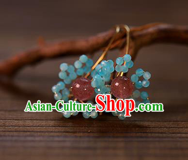 Handmade Chinese Ancient Bride Blue Beads Earrings Jewelry Traditional Wedding Amethyst Ear Accessories