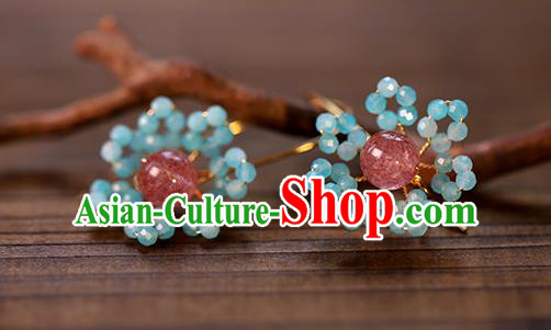 Handmade Chinese Ancient Bride Blue Beads Earrings Jewelry Traditional Wedding Amethyst Ear Accessories