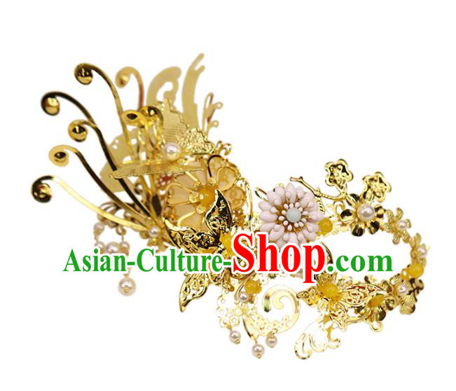 China Ancient Female Swordsman Golden Face Mask Traditional Drama Accessories
