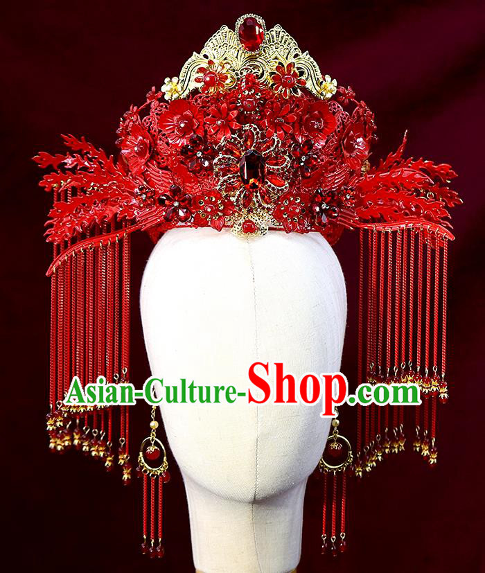 Traditional China Ancient Bride Red Tassel Phoenix Coronet Handmade Hairpins Wedding Hair Ornament Full Set