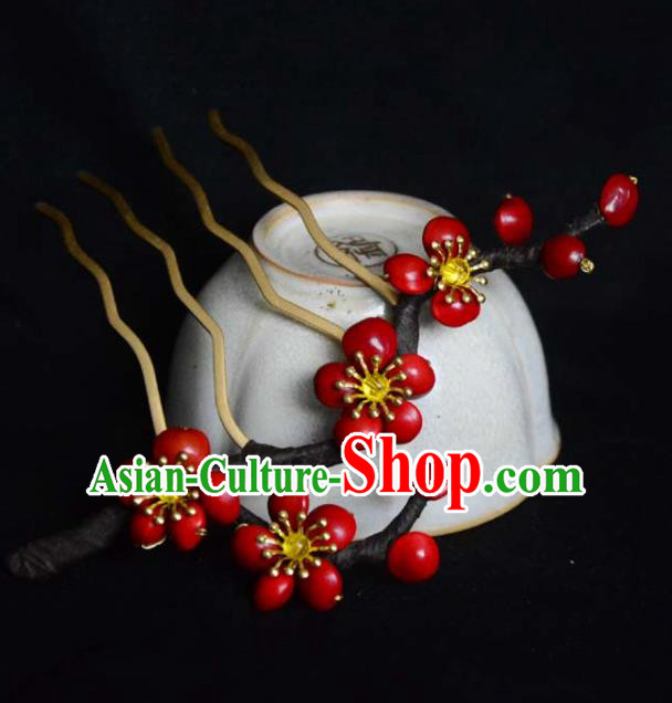 Chinese Ancient Princess Hairpin Hanfu Hair Accessories Traditional Red Plum Blossom Hair Comb