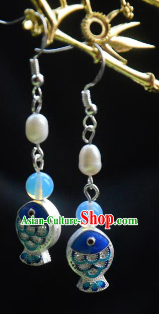 Handmade Chinese Ancient Princess Argent Earrings Jewelry Traditional Blueing Fish Ear Accessories