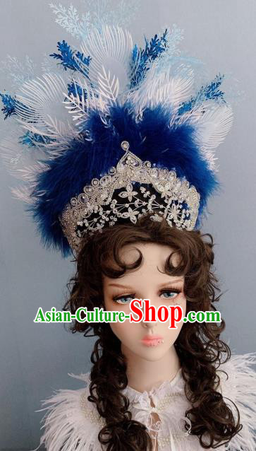Top Handmade Blue Feather Royal Crown Hair Accessories Stage Show Hair Ornament Baroque Princess Hat