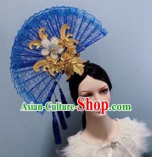 Handmade Chinese Blue Lace Fan Hair Crown Traditional Wedding Hair Accessories Stage Performance Tassel Phoenix Coronet