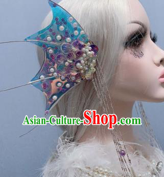 Top Baroque Princess Blue Fin Tassel Hair Sticks Handmade Laser Hair Accessories Stage Show Hair Ornament