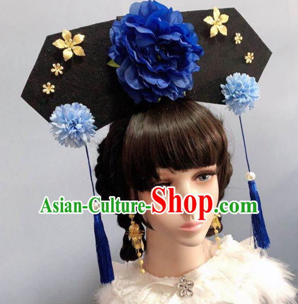 China Traditional Drama Hair Accessories Qing Dynasty Princess Headwear Ancient Palace Lady Blue Peony Hat