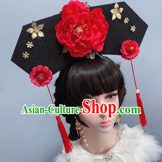 China Qing Dynasty Princess Headwear Ancient Palace Lady Red Peony Hat Traditional Drama Hair Accessories