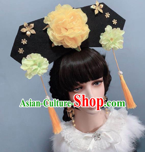 China Qing Dynasty Palace Lady Headwear Traditional Drama Hair Accessories Ancient Princess Yellow Peony Hat