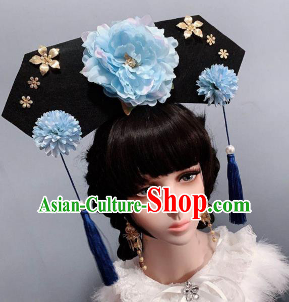 China Ancient Princess Hair Accessories Traditional Blue Peony Hat Qing Dynasty Giant Headwear