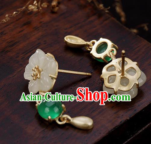 Handmade Chinese Traditional White Jade Plum Blossom Ear Accessories Classical Cheongsam Earrings Jewelry