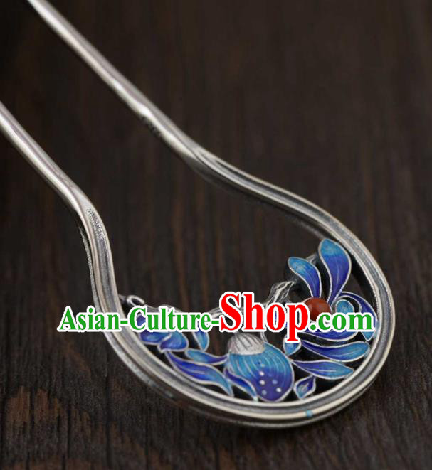 China Ancient Princess Cloisonne Hairpin Traditional National Silver Hair Stick Handmade Hair Accessories