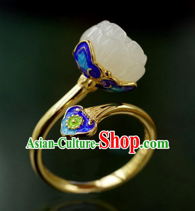 China Ancient Court Queen White Jade Lotus Seedpod Ring Traditional Cloisonne Jewelry Accessories