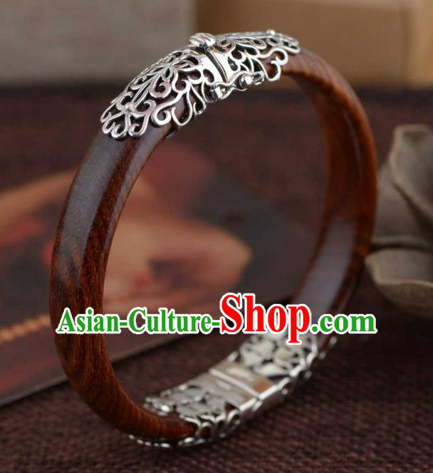 China Traditional Handmade Rosewood Bracelet National Silver Bangle Accessories