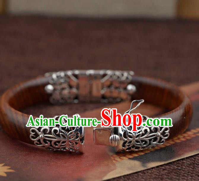 China Traditional Handmade Rosewood Bracelet National Silver Bangle Accessories