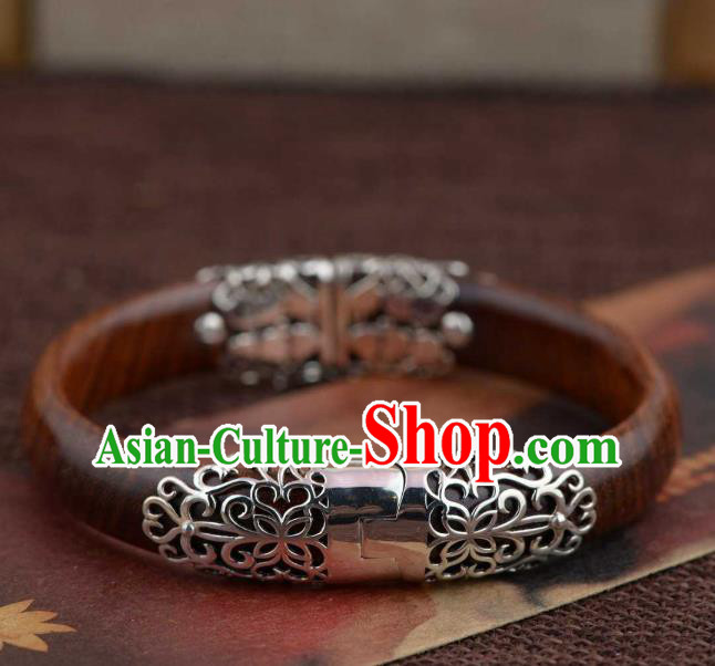 China Traditional Handmade Rosewood Bracelet National Silver Bangle Accessories